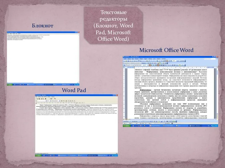 Текстовые редакторы (Блокнот, Word Pad, Microsoft Office Word) Блокнот Word Pad Microsoft Office Word
