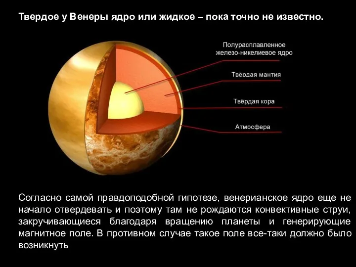 Согласно самой правдоподобной гипотезе, венерианское ядро еще не начало отвердевать и