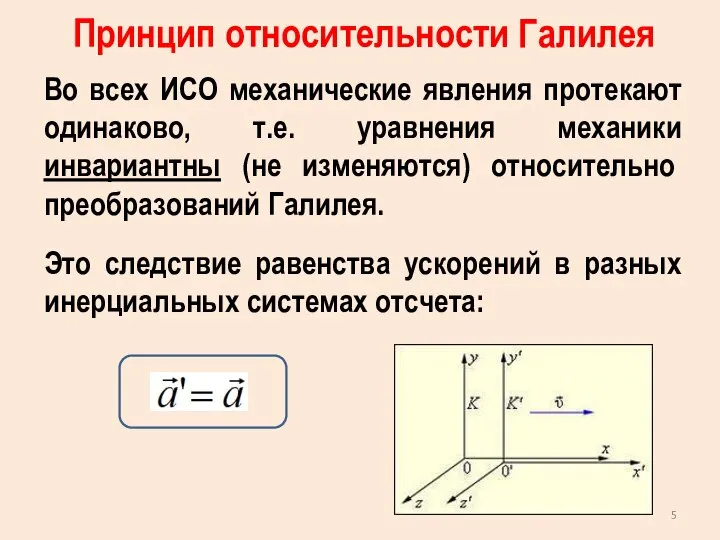 Принцип относительности Галилея Во всех ИСО механические явления протекают одинаково, т.е.