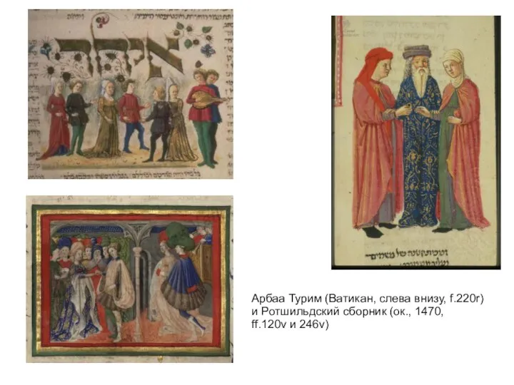 Арбаа Турим (Ватикан, слева внизу, f.220r) и Ротшильдский сборник (ок., 1470, ff.120v и 246v)
