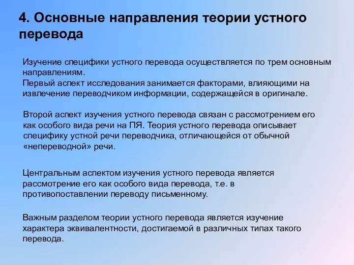 4. Основные направления теории устного перевода Изучение специфики устного перевода осуществляется