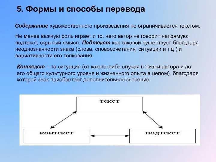 5. Формы и способы перевода Содержание художественного произведения не ограничивается текстом.