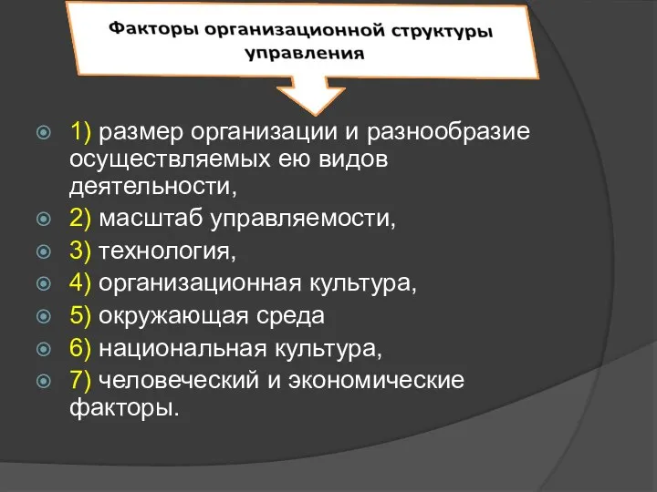 1) размер организации и разнообразие осуществляемых ею видов деятельности, 2) масштаб