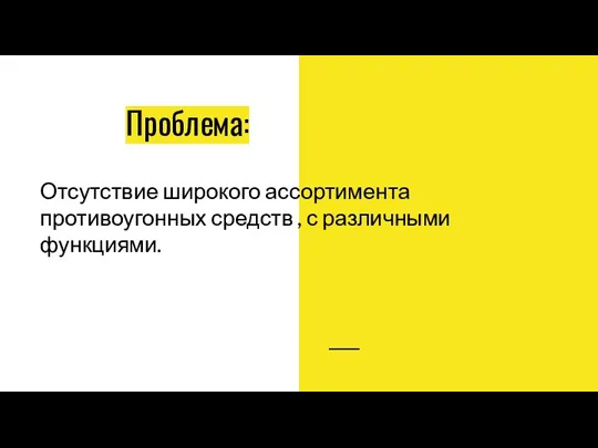 Проблема: Отсутствие широкого ассортимента противоугонных средств , с различными функциями.