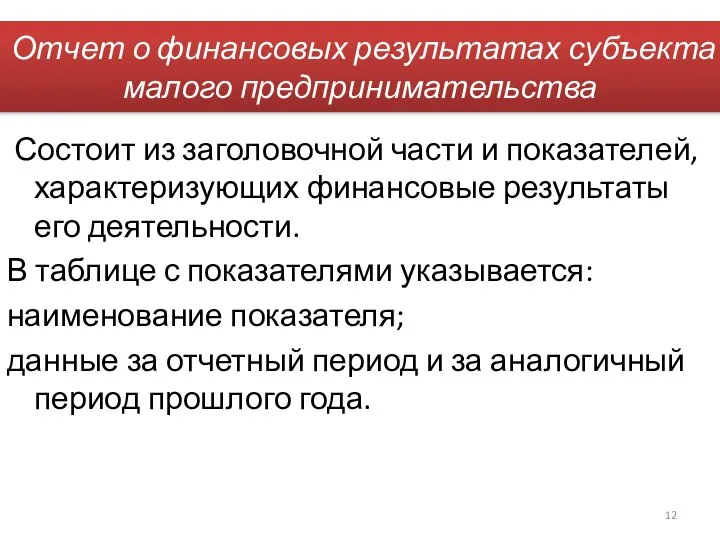 Отчет о финансовых результатах субъекта малого предпринимательства Состоит из заголовочной части