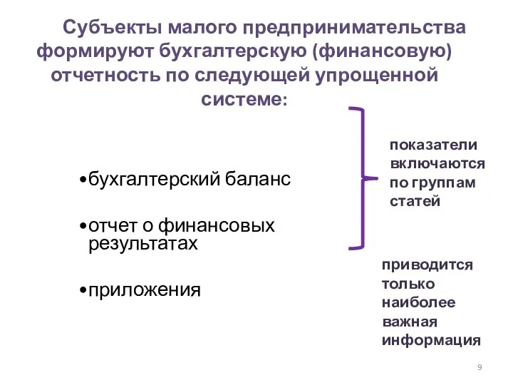 Субъекты малого предпринимательства формируют бухгалтерскую (финансовую) отчетность по следующей упрощенной системе: