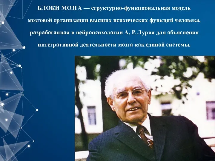 БЛОКИ МОЗГА — структурно-функциональная модель мозговой организации высших психических функций человека,