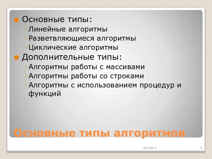 Основные типы алгоритмов Основные типы: Линейные алгоритмы Разветвляющиеся алгоритмы Циклические алгоритмы