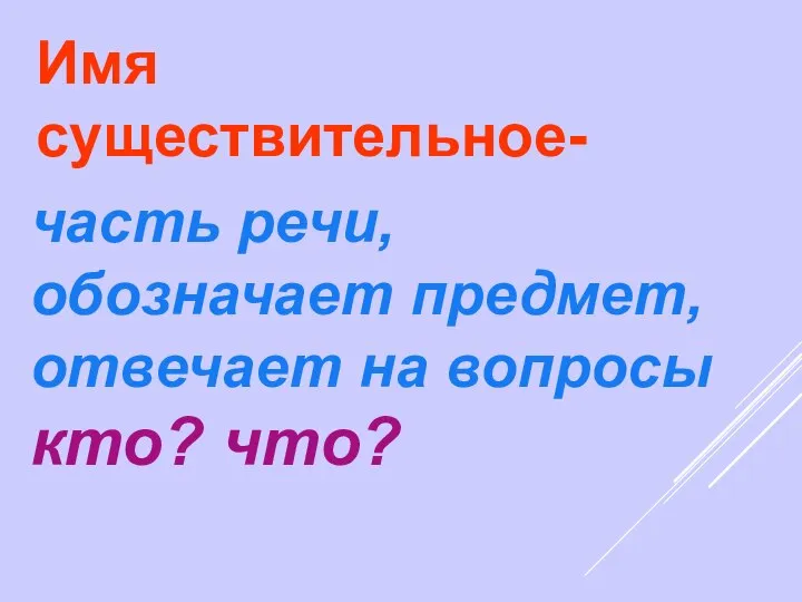 Имя существительное- часть речи, обозначает предмет, отвечает на вопросы кто? что?