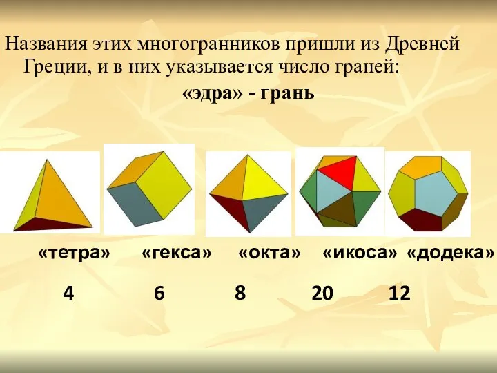 Названия этих многогранников пришли из Древней Греции, и в них указывается