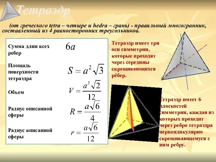 Тетраэдр (от греческого tetra – четыре и hedra – грань) -