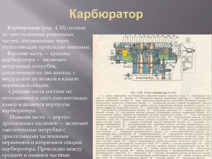 Карбюратор Карбюратор (рис. 4.30) состоит из трех основных разъемных частей, соединенных