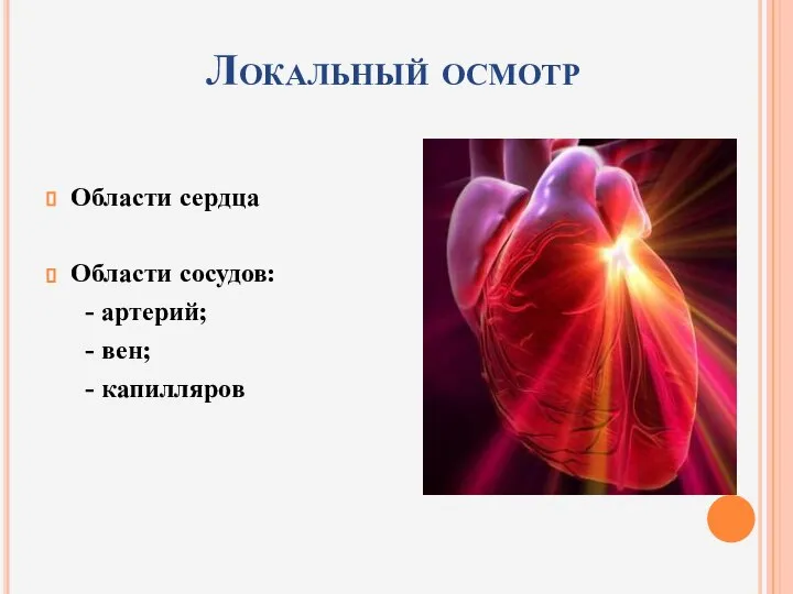 Локальный осмотр Области сердца Области сосудов: - артерий; - вен; - капилляров