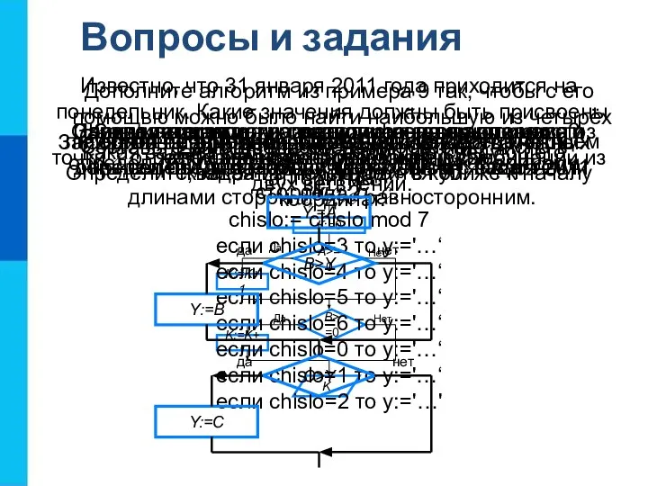 Вопросы и задания Какие алгоритмы называют разветвляющимися? Приведите пример разветвляющегося алгоритма