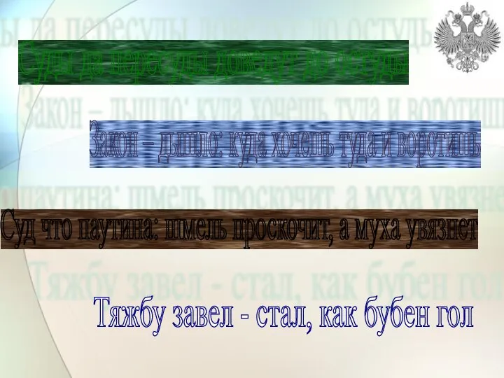 Суды да пересуды доведут до остуды Закон – дышло: куда хочешь