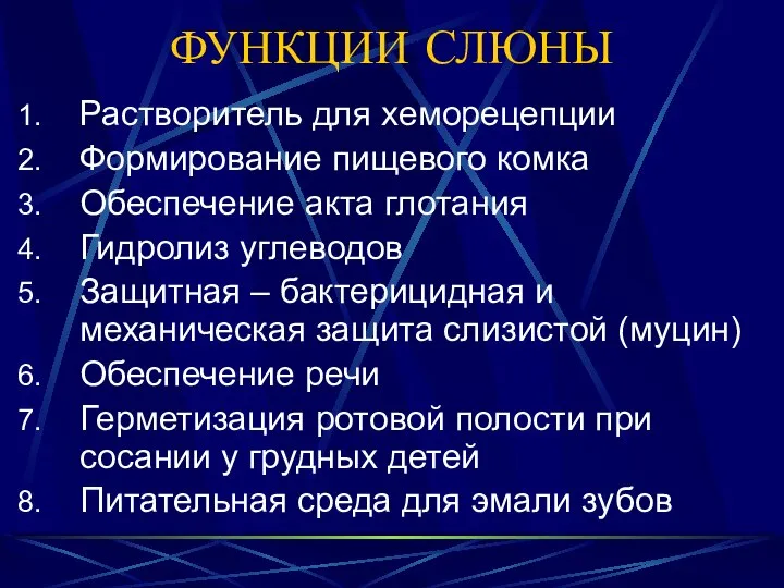 ФУНКЦИИ СЛЮНЫ Растворитель для хеморецепции Формирование пищевого комка Обеспечение акта глотания