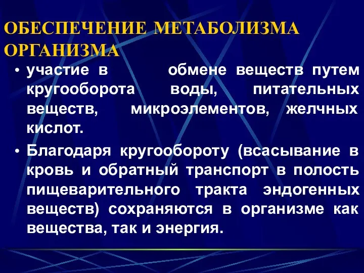 ОБЕСПЕЧЕНИЕ МЕТАБОЛИЗМА ОРГАНИЗМА участие в обмене веществ путем кругооборота воды, питательных