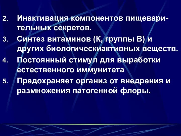 Инактивация компонентов пищевари-тельных секретов. Синтез витаминов (К, группы В) и других