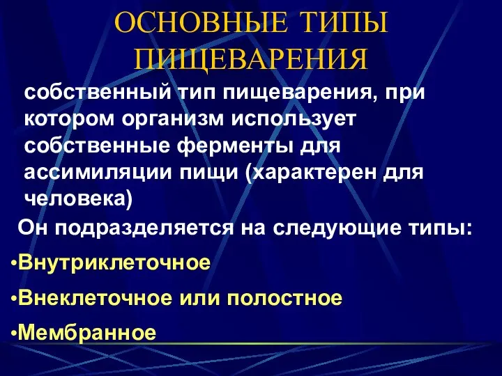 ОСНОВНЫЕ ТИПЫ ПИЩЕВАРЕНИЯ собственный тип пищеварения, при котором организм использует собственные