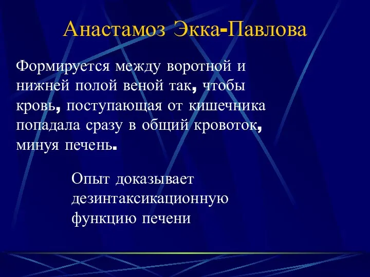 Анастамоз Экка-Павлова Формируется между воротной и нижней полой веной так, чтобы