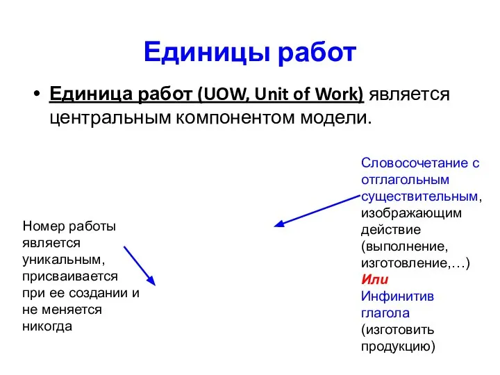 Единицы работ Единица работ (UOW, Unit of Work) является центральным компонентом модели.