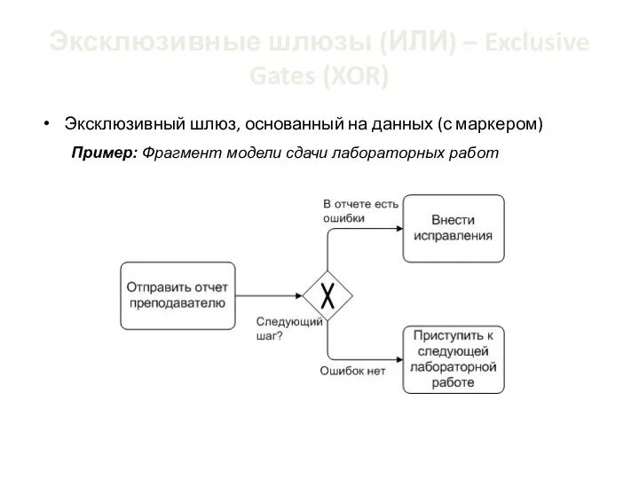 Эксклюзивные шлюзы (ИЛИ) – Exclusive Gates (XOR) Эксклюзивный шлюз, основанный на