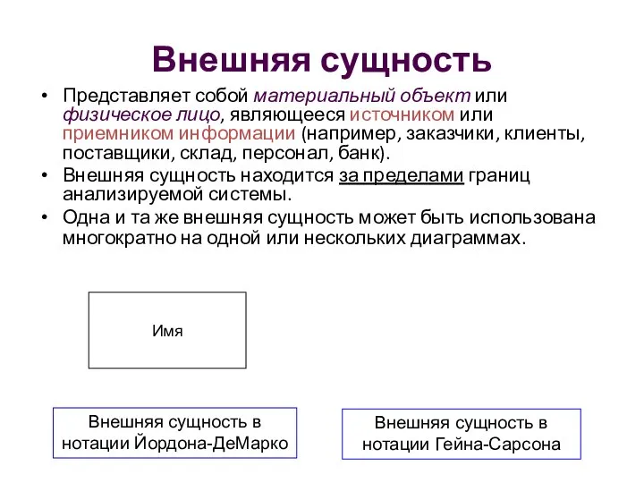 Внешняя сущность Представляет собой материальный объект или физическое лицо, являющееся источником