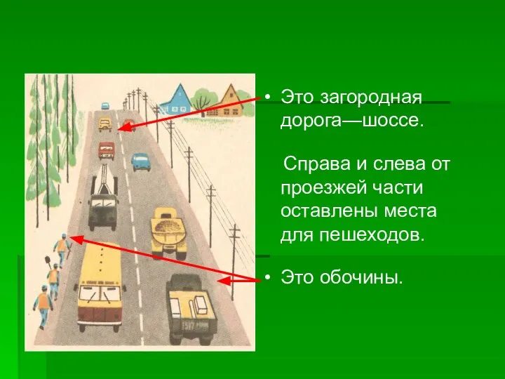 Это загородная дорога—шоссе. Справа и слева от проезжей части оставлены места для пешеходов. Это обочины.