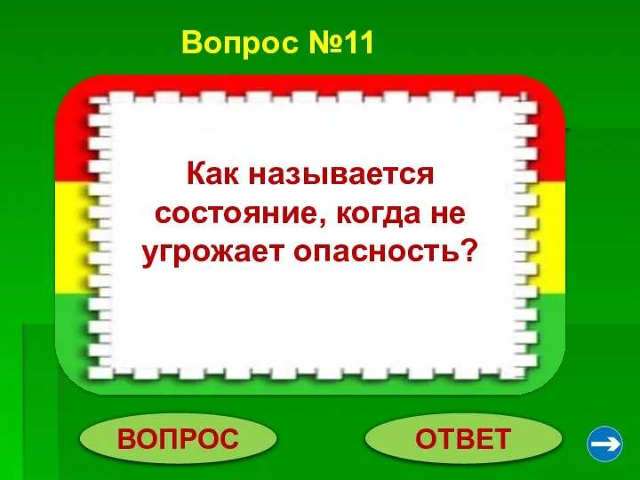 Вопрос №11 ВОПРОС ОТВЕТ Безопасное. Как называется состояние, когда не угрожает опасность?