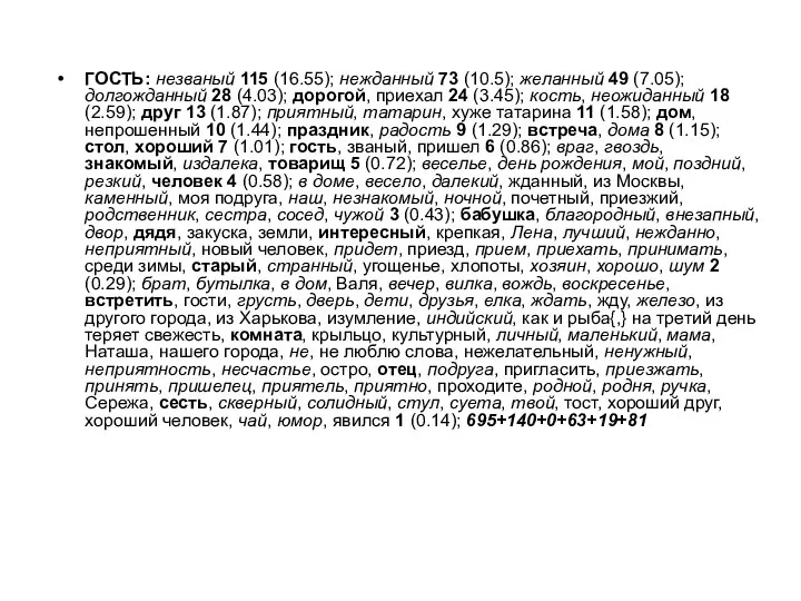 ГОСТЬ: незваный 115 (16.55); нежданный 73 (10.5); желанный 49 (7.05); долгожданный