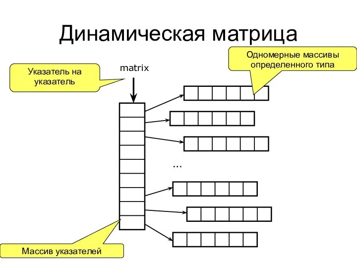 Динамическая матрица Указатель на указатель Массив указателей Одномерные массивы определенного типа