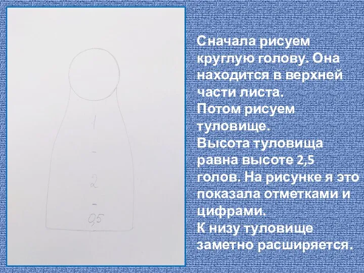 Сначала рисуем круглую голову. Она находится в верхней части листа. Потом