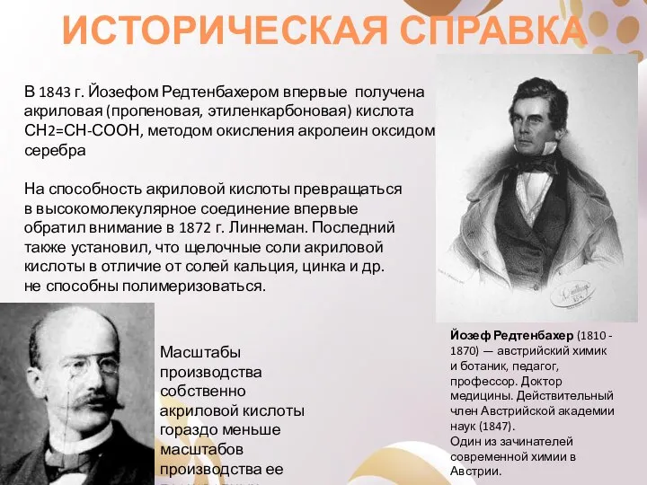 ИСТОРИЧЕСКАЯ СПРАВКА В 1843 г. Йозефом Редтенбахером впервые получена акриловая (пропеновая,