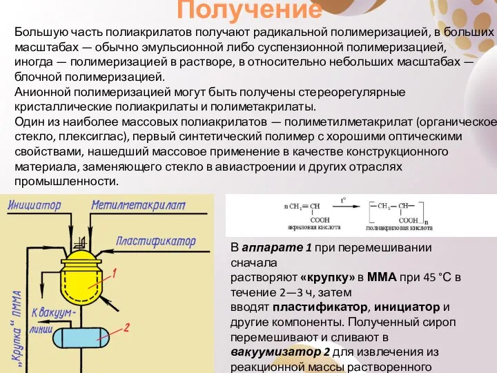 Получение Большую часть полиакрилатов получают радикальной полимеризацией, в больших масштабах —