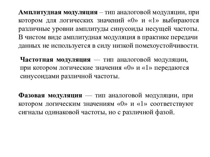 Амплитудная модуляция – тип аналоговой модуляции, при котором для логических значений