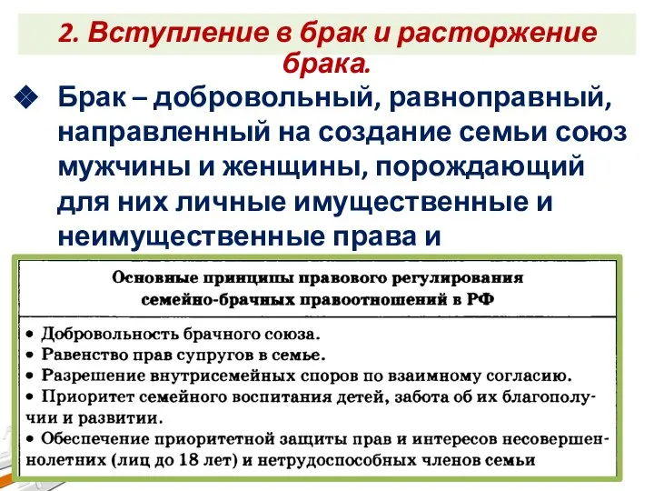 2. Вступление в брак и расторжение брака. Брак – добровольный, равноправный,