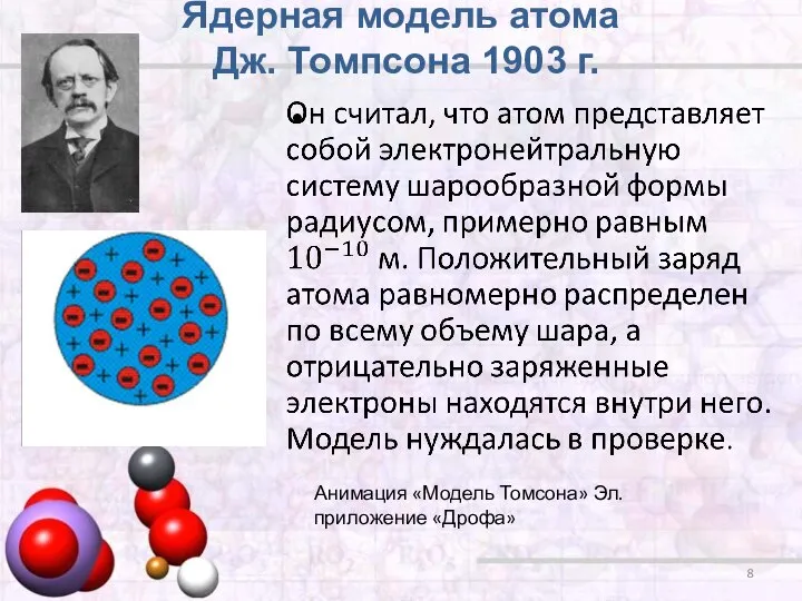 Ядерная модель атома Дж. Томпсона 1903 г. Анимация «Модель Томсона» Эл.приложение «Дрофа»