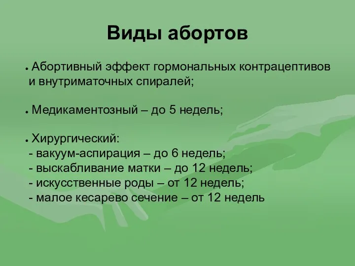 Виды абортов Абортивный эффект гормональных контрацептивов и внутриматочных спиралей; Медикаментозный –