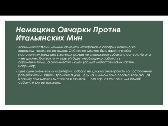 Немецкие Овчарки Против Итальянских Мин Какими качествами должны обладать четвероногие саперы?