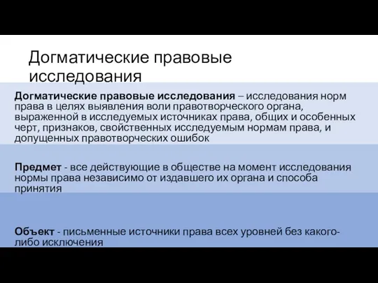 Догматические правовые исследования Догматические правовые исследования – исследования норм права в