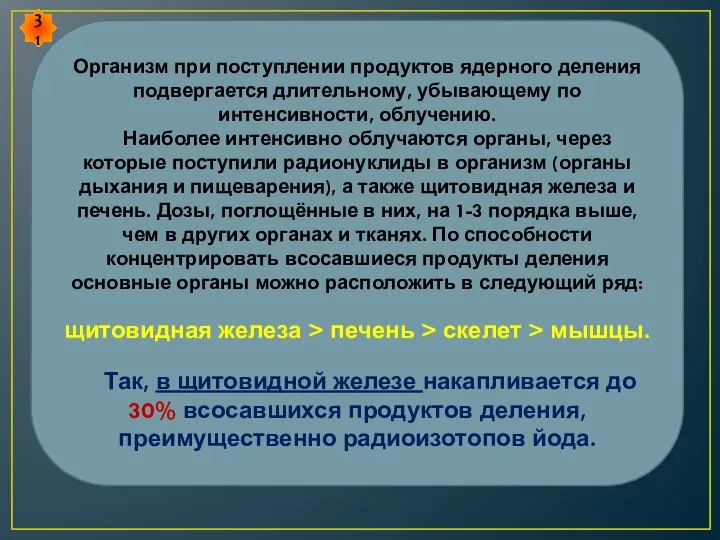 Организм при поступлении продуктов ядерного деления подвергается длительному, убывающему по интенсивности,