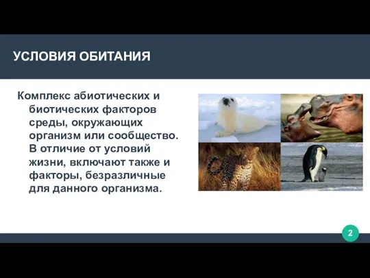 УСЛОВИЯ ОБИТАНИЯ Комплекс абиотических и биотических факторов среды, окружающих организм или