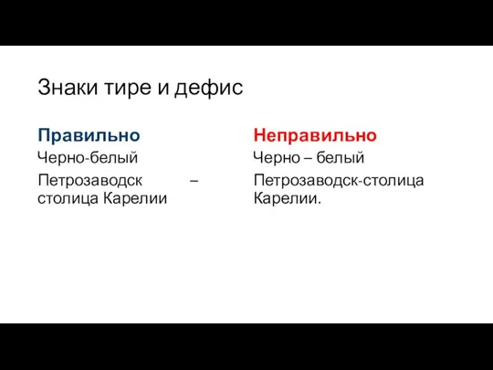 Знаки тире и дефис Правильно Черно-белый Петрозаводск – столица Карелии Неправильно Черно – белый Петрозаводск-столица Карелии.