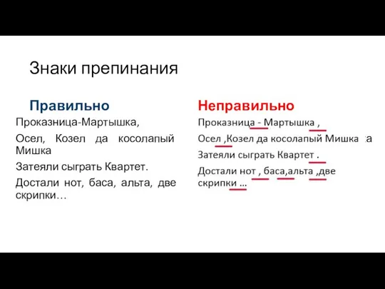 Знаки препинания Правильно Проказница-Мартышка, Осел, Козел да косолапый Мишка Затеяли сыграть