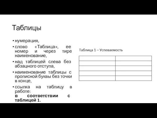 Таблицы нумерация, слово «Таблица», ее номер и через тире наименование, над