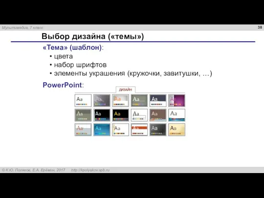 Выбор дизайна («темы») PowerPoint: «Тема» (шаблон): цвета набор шрифтов элементы украшения (кружочки, завитушки, …)