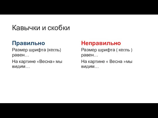 Кавычки и скобки Правильно Размер шрифта (кегль) равен… На картине «Весна»