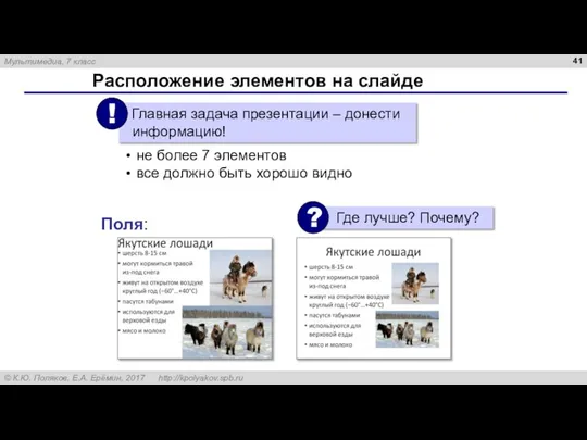 Расположение элементов на слайде не более 7 элементов все должно быть хорошо видно Поля: