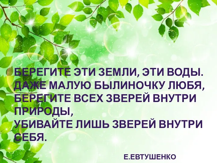 БЕРЕГИТЕ ЭТИ ЗЕМЛИ, ЭТИ ВОДЫ. ДАЖЕ МАЛУЮ БЫЛИНОЧКУ ЛЮБЯ, БЕРЕГИТЕ ВСЕХ