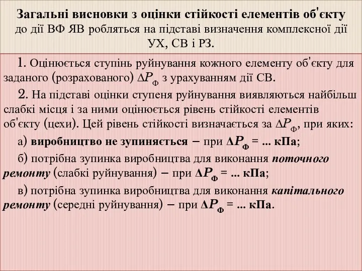 Загальні висновки з оцінки стійкості елементів об'єкту до дії ВФ ЯВ